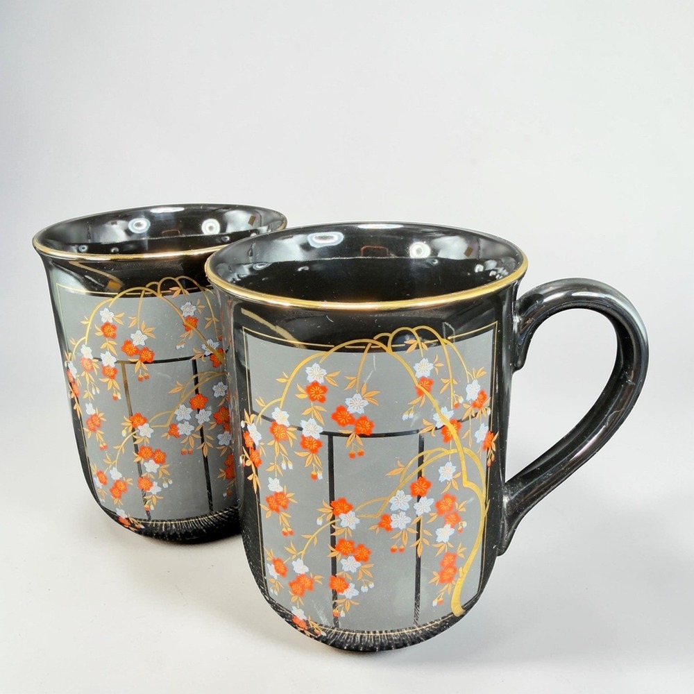 Otagiri Japan Cherry Blossom Coffee Mugs Set 2‎ Black Gold Trim Vintage Floral